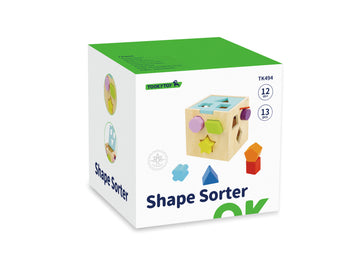 Cub sortator din lemn pentru bebeluși 12 luni+, cu forme mari și culori sigure. Jucărie Montessori pentru coordonare, motricitate și recunoașterea formelor