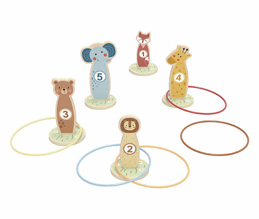 Descoperă setul de aruncat inele cu animăluțe din lemn – 5 ținte numerotate, perfect pentru dezvoltarea motricității copiilor. Jucărie educativă, sigură și distractivă pentru cei mici.