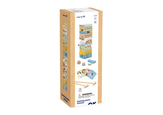 Joc Jenga din lemn cu piese ilustrate cu animale din junglă, două ciocănele și carduri cu imagini