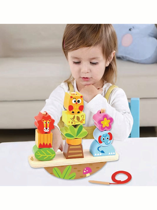 Joc educativ 2-în-1 din lemn: stivuire pe balansoar și șnuruire. Piese colorate cu găuri, sigure și durabile.
