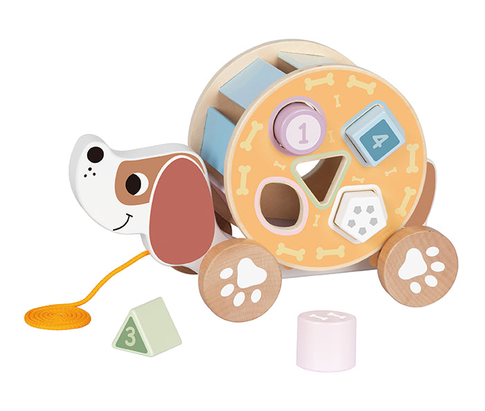 Cățel din lemn pentru tras și împins, cu sortator de forme. Ideal pentru copii 12+ luni.