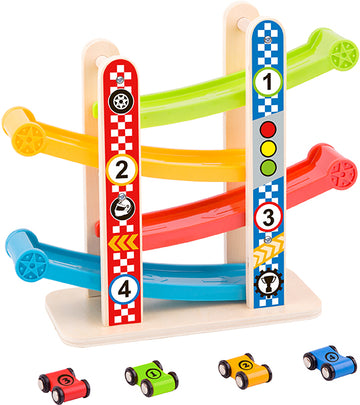 Pistă de mașini din lemn Tooky Toy cu rampe în cascadă și mașinuțe colorate. Ajută la dezvoltarea coordonării, atenției și logicii