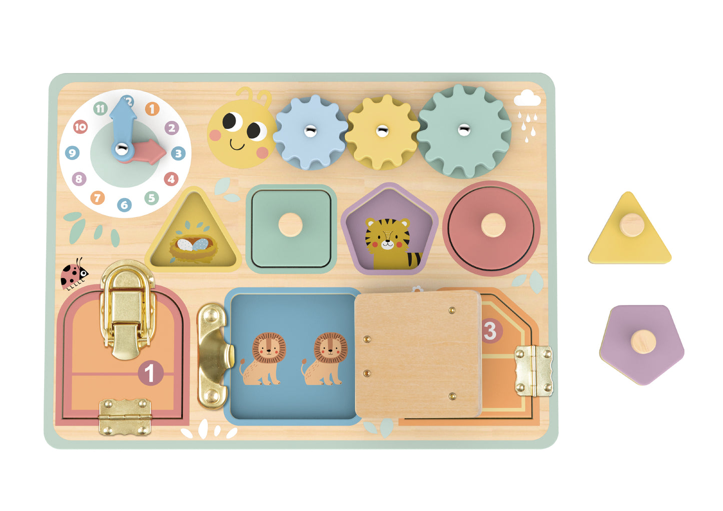 Placă de activități din lemn Tooky Toy cu ceas, roți zimțate, forme de potrivit și uși cu animale.