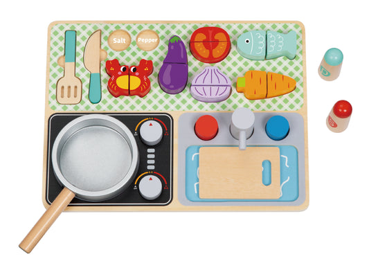 Set de gătit din lemn pentru copii 3+ ani cu aragaz, chiuvetă, ingrediente și ustensile.