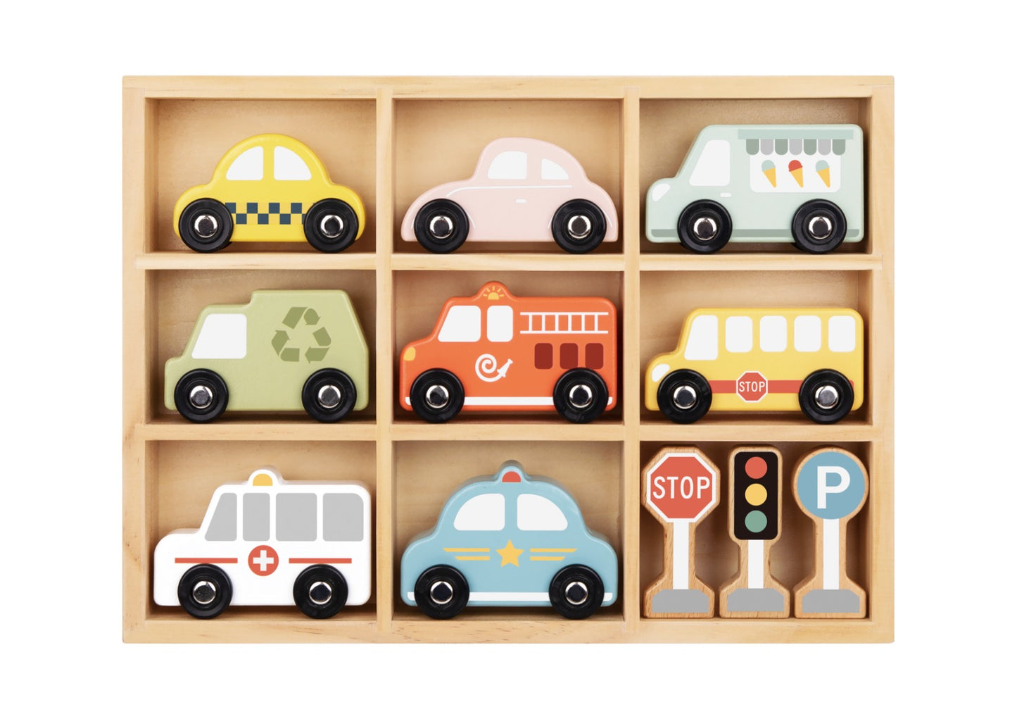 Set de mașinuțe din lemn cu 8 vehicule (înghețată, taxi, pompieri, poliție, ambulanță) și accesorii de trafic