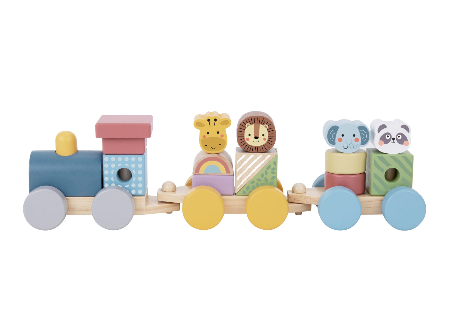 Trenulet din lemn cu piese în formă de cap de animal și desene colorate. Ideal pentru copii 18+ luni.