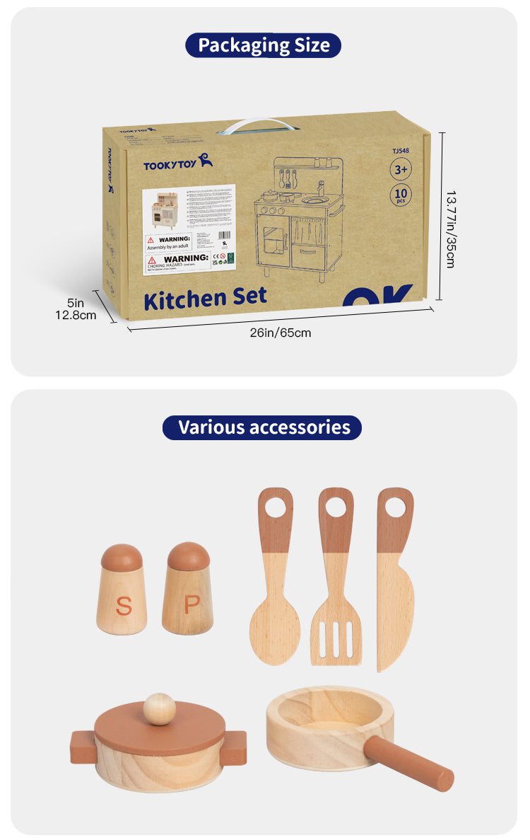 Bucătărie din lemn copii cu ustensile, ideală pentru joc educativ și interactiv.