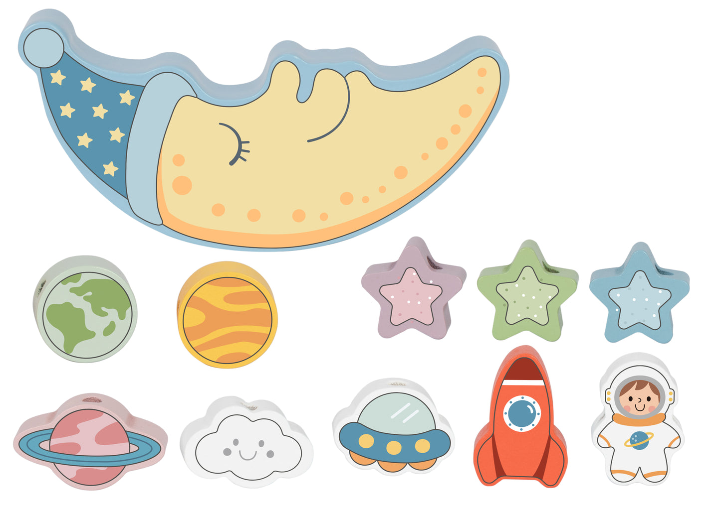 Joc educativ Montessori din lemn în formă de lună, cu stele, planete, rachetă și astronaut.