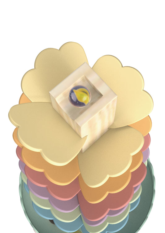 Arbore muzical din lemn în culori pastel, cu bile incluse. Bilele coboară pe petalele din lemn și produc sunete delicate