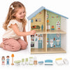 Casuta de Papusi Compacta din Lemn, 2 Niveluri, 4 Camere Deschise, Mobilier Inclus si 2 Figurine, Joc de Rol 3+ Ani
