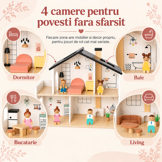Casuta de Papusi din Lemn, HappyFamily House, 2 Niveluri, 4 Camere, Terasa, Familie cu 4 Figurine, Catel si Cusca, Mobilier pentru Dormitor, Living, Bucatarie si Baie, Acoperis Negru, Joc de Rol 3+ Ani