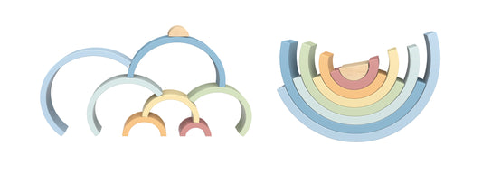 Curcubeu din lemn tip Montessori cu arce colorate. Ideal pentru copii 18+ luni.