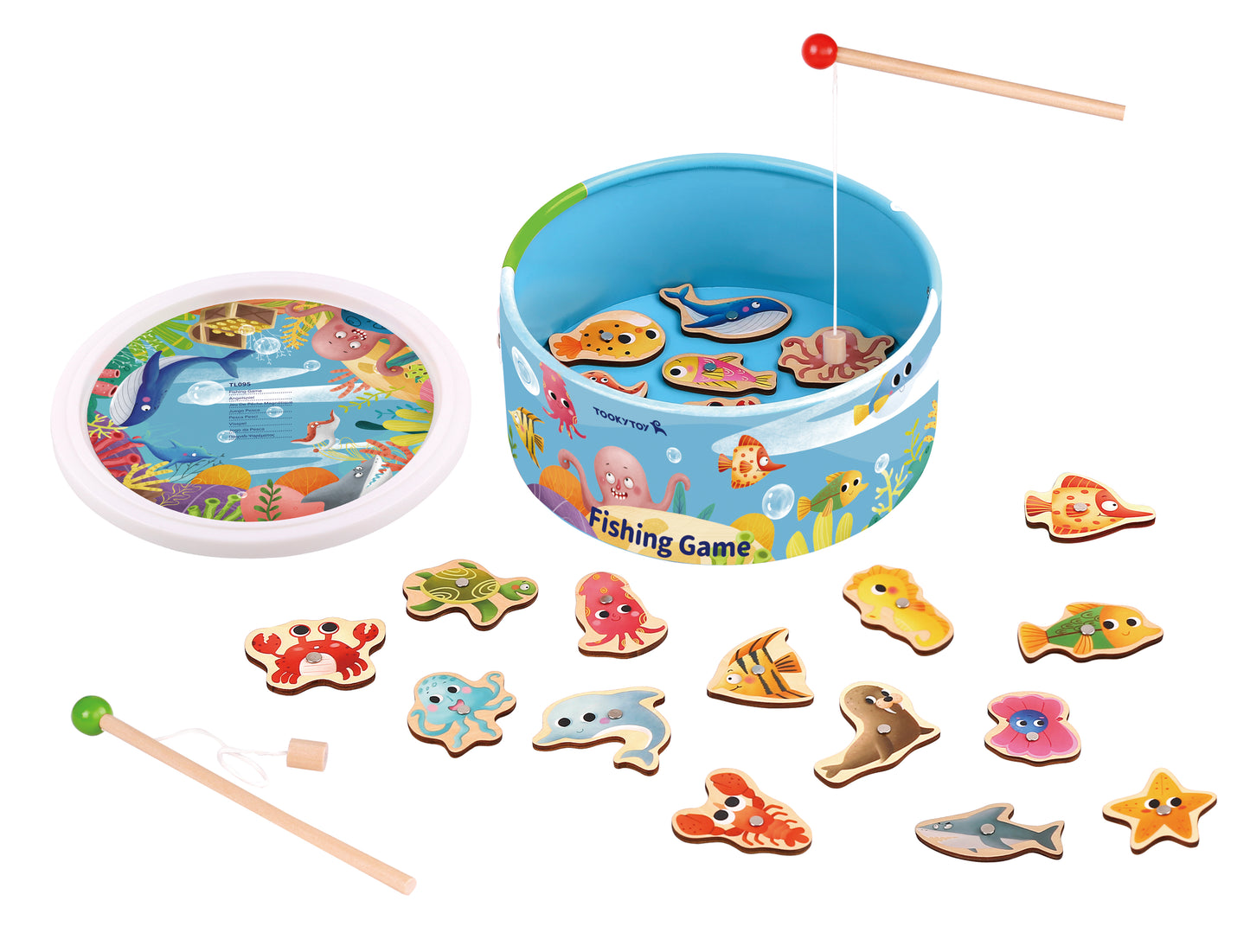 jocul de pescuit magnetic din lemn, cu pești colorați și două undițe Vine într-o cutie rotundă practică