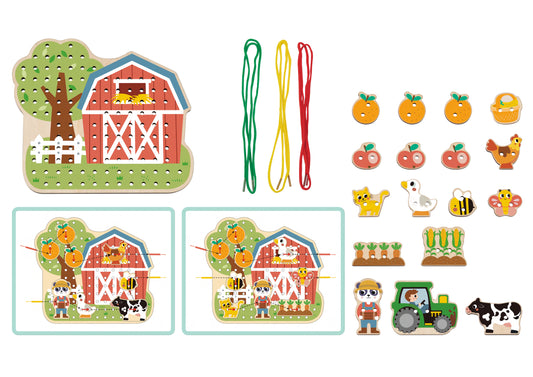 Joc de șnuruit Ferma din lemn pentru copii – activitate educativă