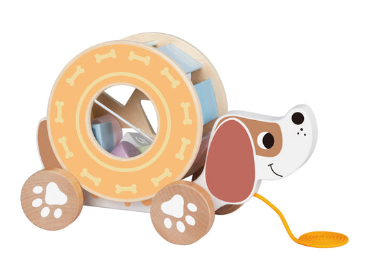 Cățel din lemn pentru tras și împins, cu sortator de forme. Ideal pentru copii 12+ luni.