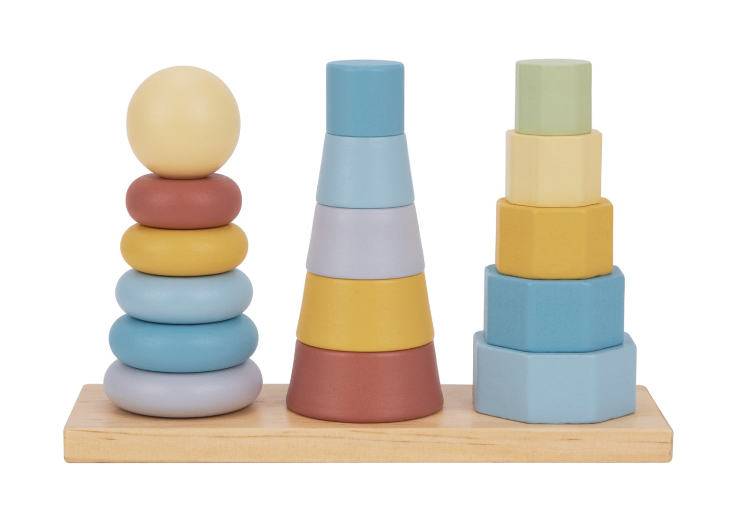 Jucărie din lemn de stivuit cu trei coloane colorate. Dezvoltă motricitatea fină, logica și coordonarea