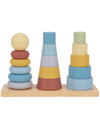 Jucărie din lemn de stivuit cu trei coloane colorate. Dezvoltă motricitatea fină, logica și coordonarea