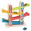 Pistă de mașini din lemn Tooky Toy cu rampe în cascadă și mașinuțe colorate. Ajută la dezvoltarea coordonării, atenției și logicii