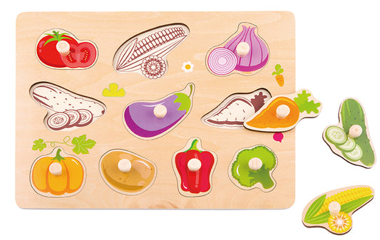 Puzzle încăstru din lemn cu legume, ideal pentru învățarea alimentelor și dezvoltarea motricității fine.