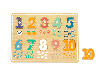 Puzzle încăstru din lemn cu numere de la 0 la 9, ideal pentru copii de 12 luni+, Piese groase și colorate