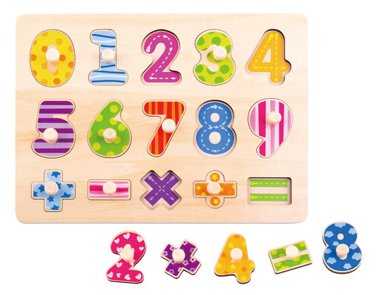 Puzzle din lemn cu numere 0–9 și semne matematice