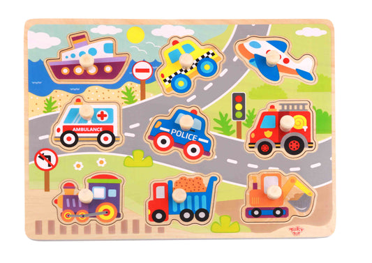 Puzzle din lemn cu vehicule, perfect pentru copiii mici. Piese groase, culori vii și design educativ