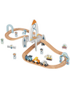 Stație de tren spațială din lemn cu șine, tren cosmic, cosmonauți și accesorii tematice. Set educativ și distractiv pentru copii 3 ani+