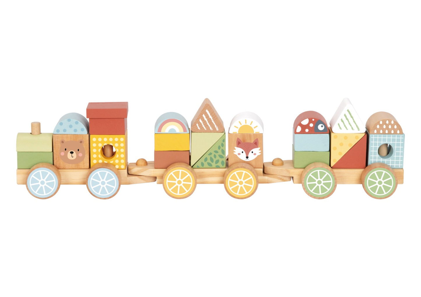 Trenulet din lemn de stivuire cu piese decorate cu animale și desene. Ideal pentru copii 18+ luni.
