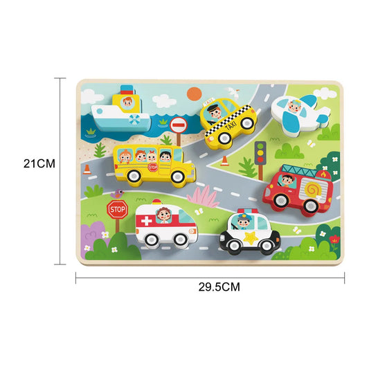 Puzzle Montessori din lemn cu 7 vehicule colorate pentru copii mici