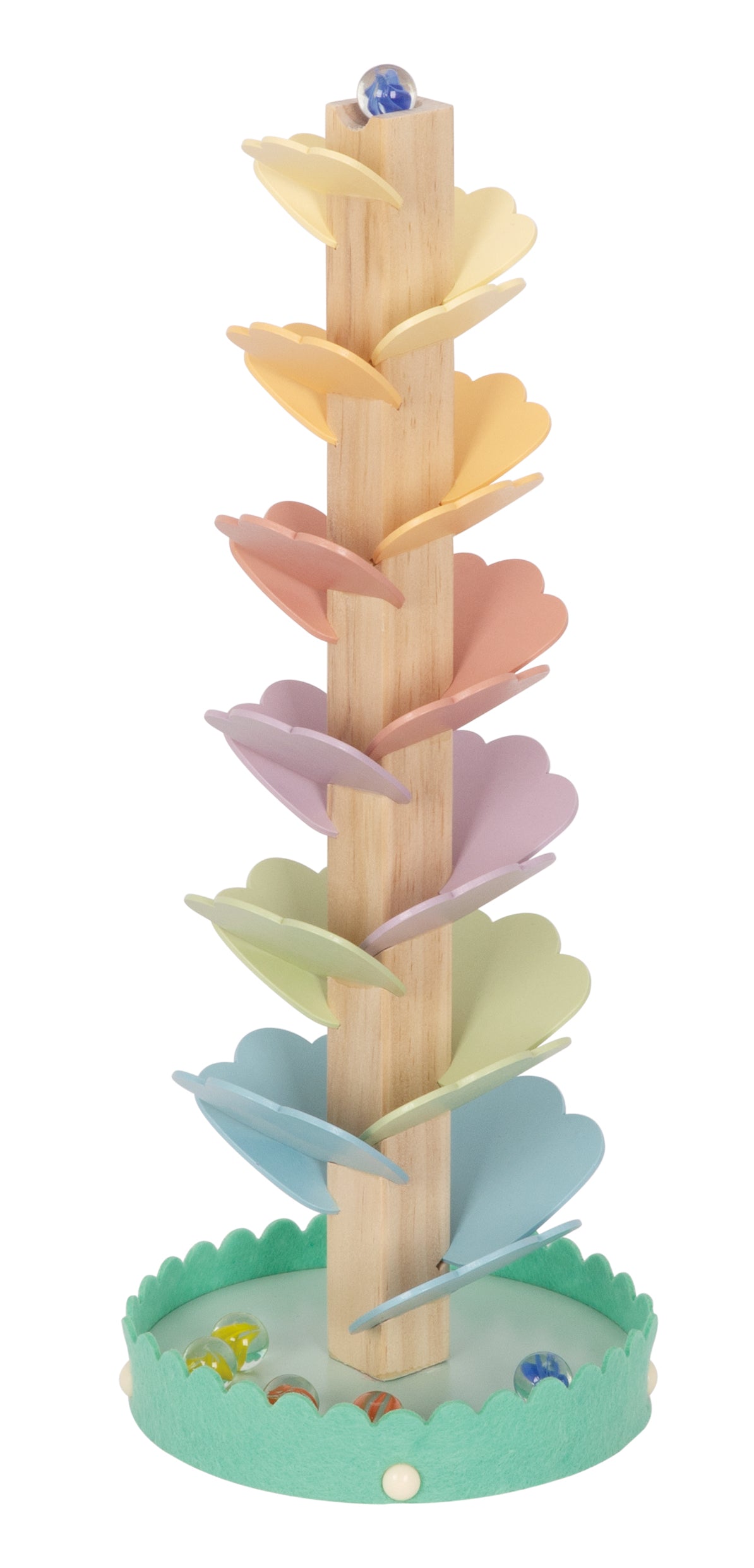 Arbore muzical din lemn în culori pastel, cu bile incluse. Bilele coboară pe petalele din lemn și produc sunete delicate 