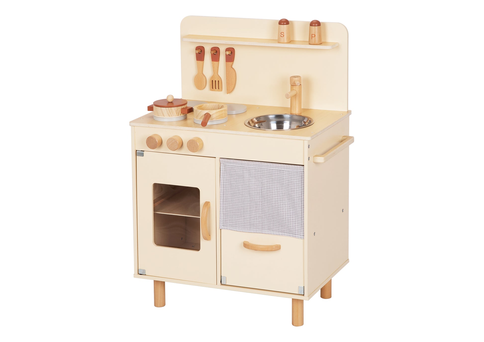 Bucătărie din lemn educativă pentru copii 3+ ani, cu aragaz, chiuvetă și ustensile.