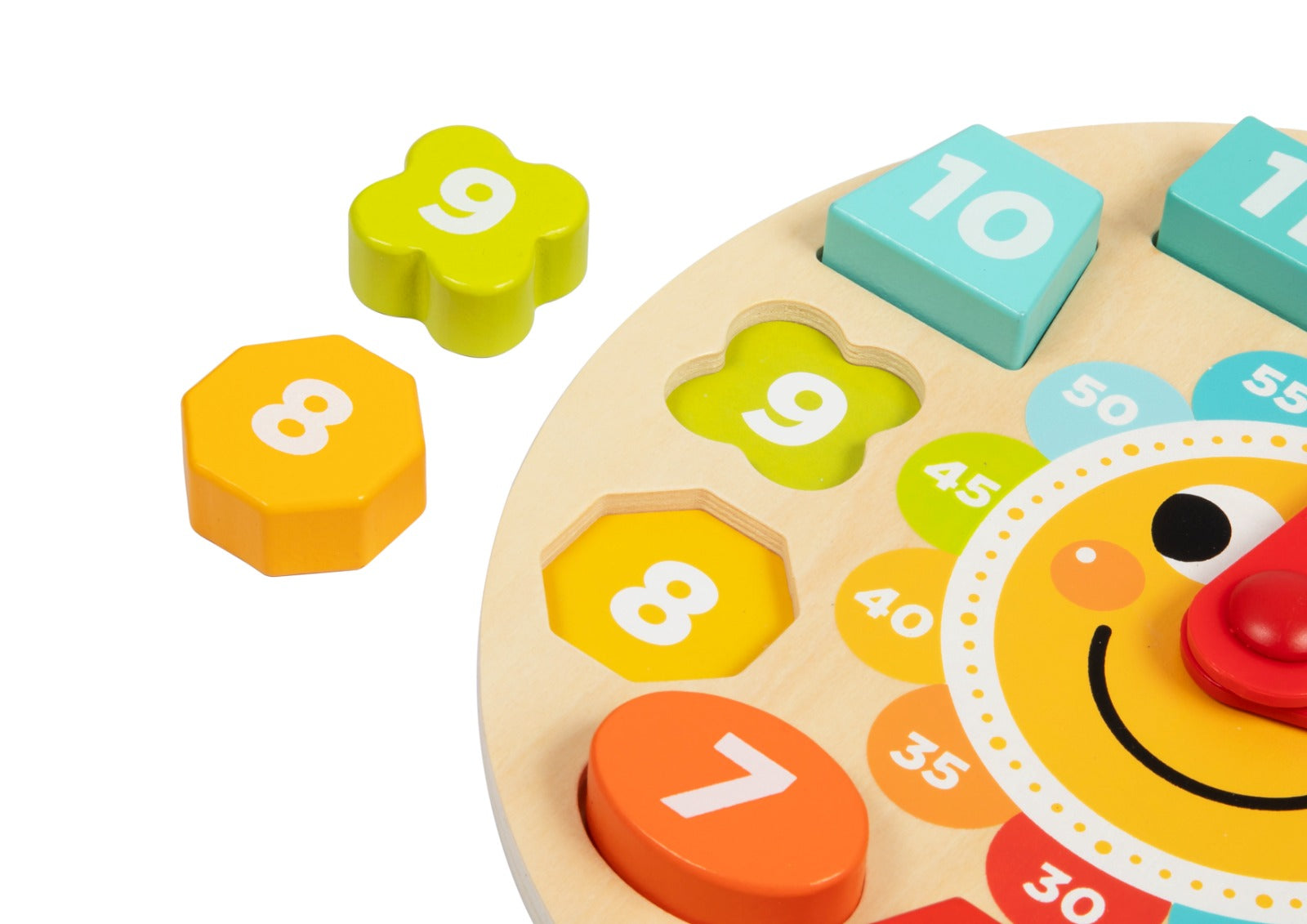 Ceas din lemn Montessori pentru învățarea orelor, culorilor și numerelor.