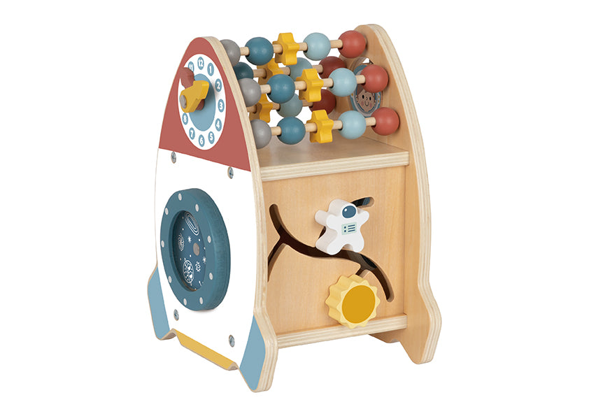 Centru de activități din lemn în formă de rachetă, cu abac, ceas, sortator, labirint, plăcuțe rotative și ușiță. Jucărie educativă completă