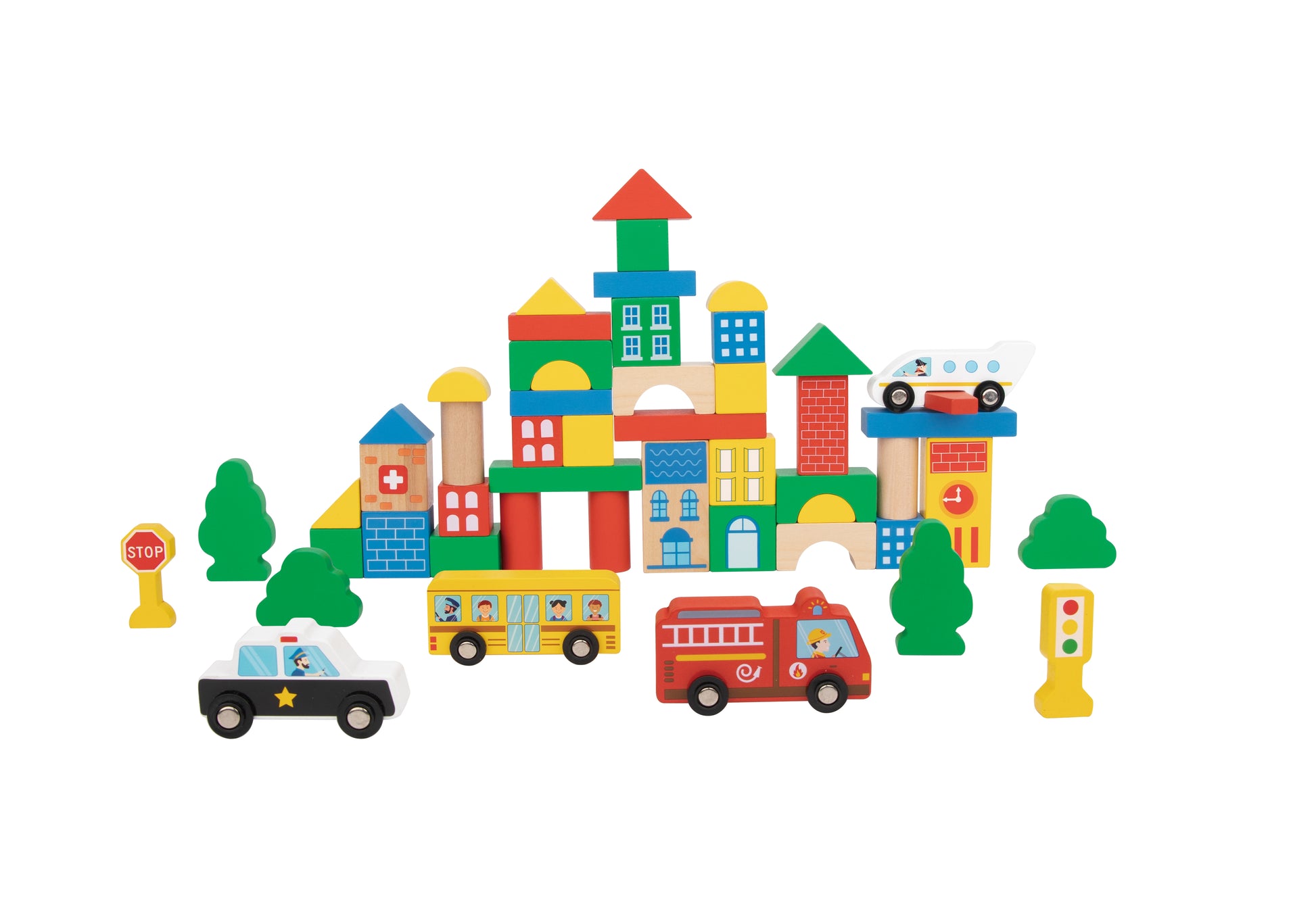 Set din lemn Montessori City Blocks cu blocuri colorate, vehicule, copaci, semafor și STOP. Perfect pentru construit orașe, joc educativ 