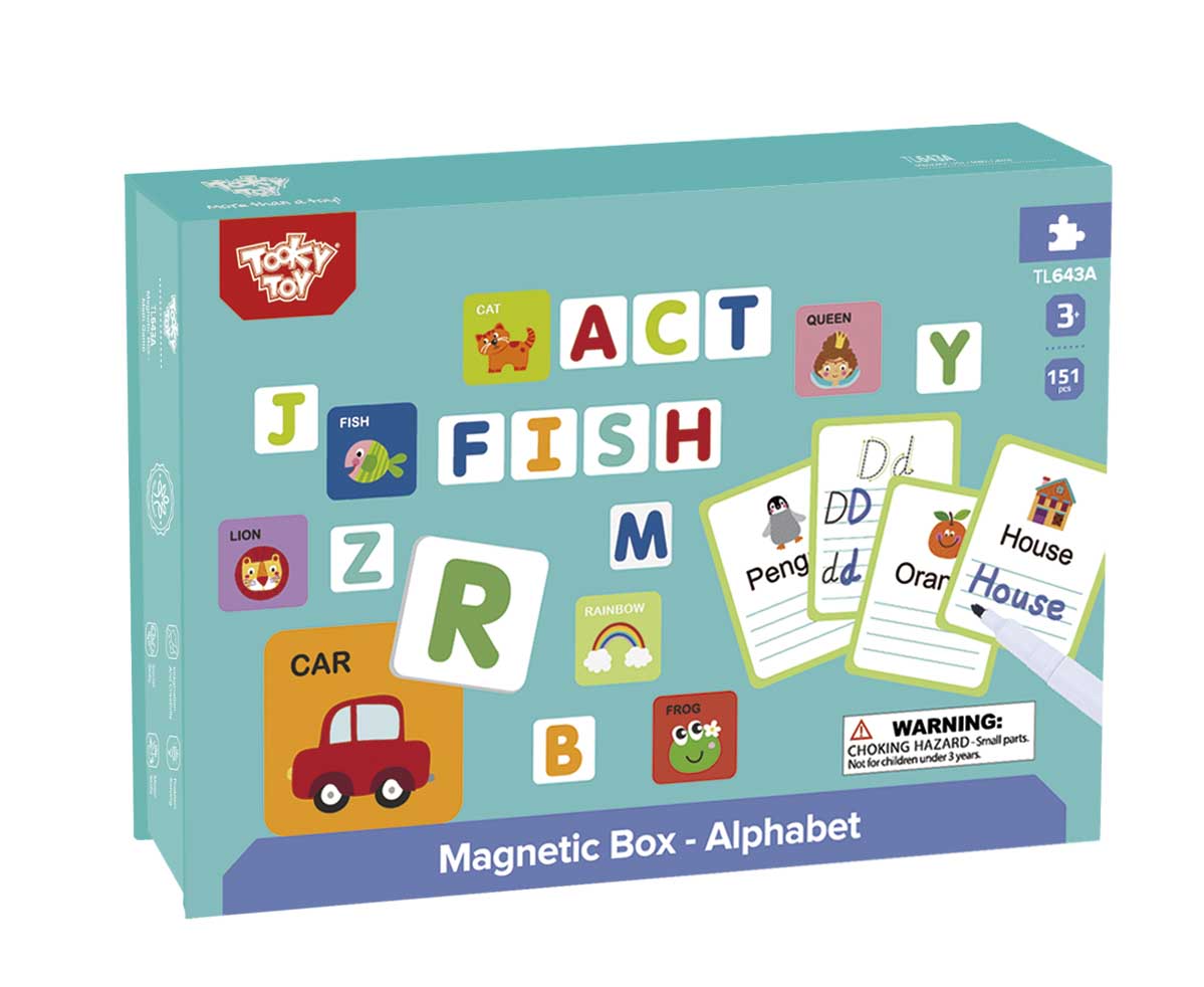 Puzzle magnetic alfabet copii – cutie educativă 3+ ani