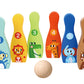 Joc de bowling din lemn pentru copii, cu popice colorate și minge ușor de rostogolit