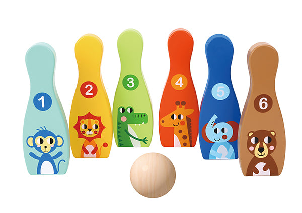 Joc de bowling din lemn pentru copii, cu popice colorate și minge ușor de rostogolit