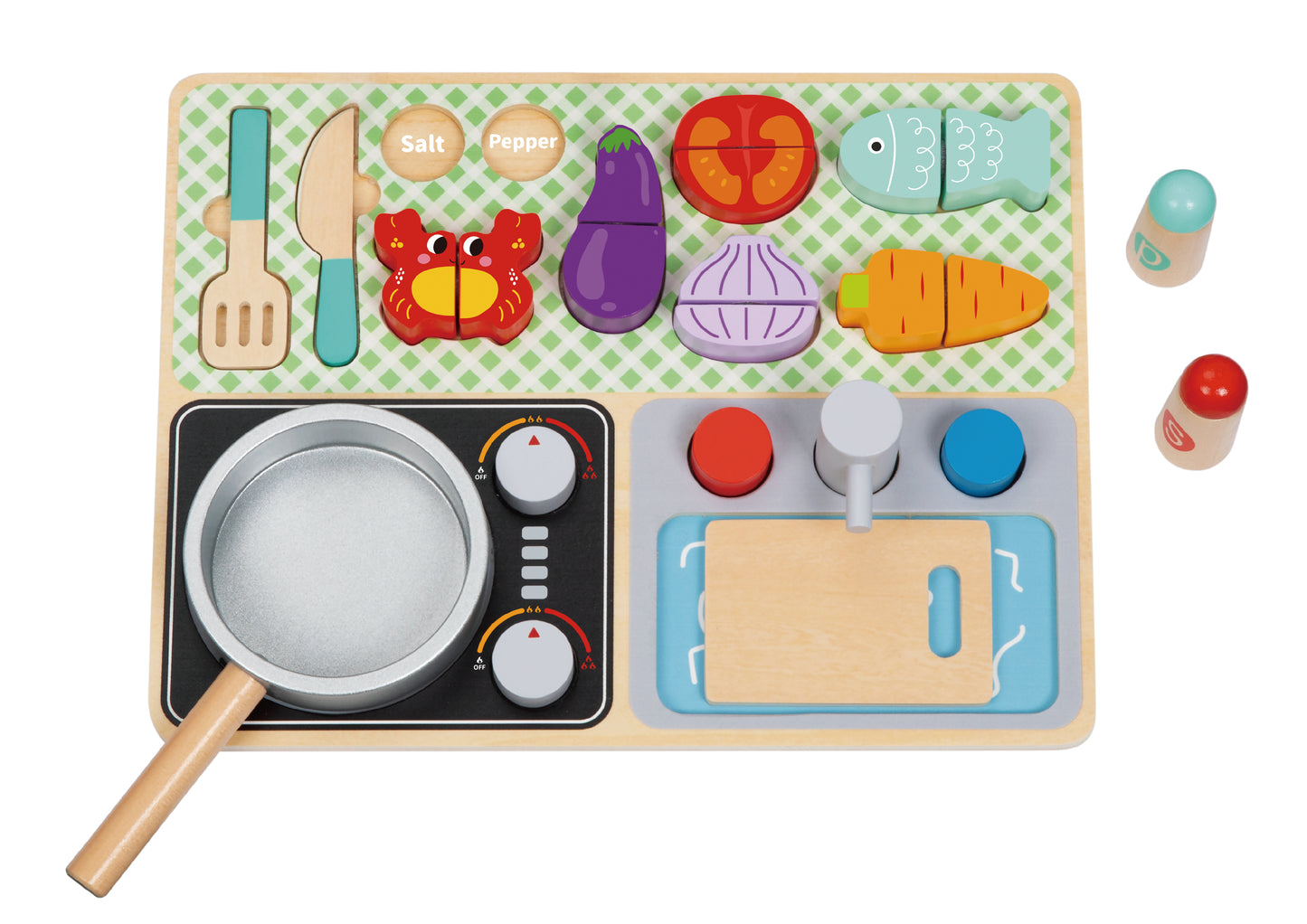 Set de gătit din lemn pentru copii 3+ ani cu aragaz, chiuvetă, ingrediente și ustensile. 