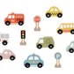 Set de mașinuțe din lemn cu 8 vehicule (înghețată, taxi, pompieri, poliție, ambulanță) și accesorii de trafic 