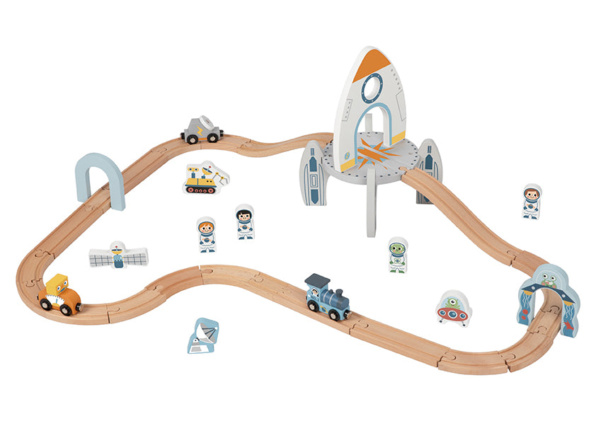 Stație de tren spațială din lemn cu șine, tren cosmic, cosmonauți și accesorii tematice. Set educativ și distractiv pentru copii 3 ani+