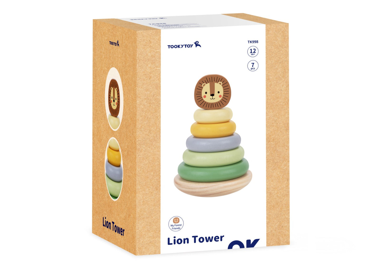 Turn de stivuire din lemn cu piesa de sus în formă de cap de leu. Ideal pentru copii 12+ luni