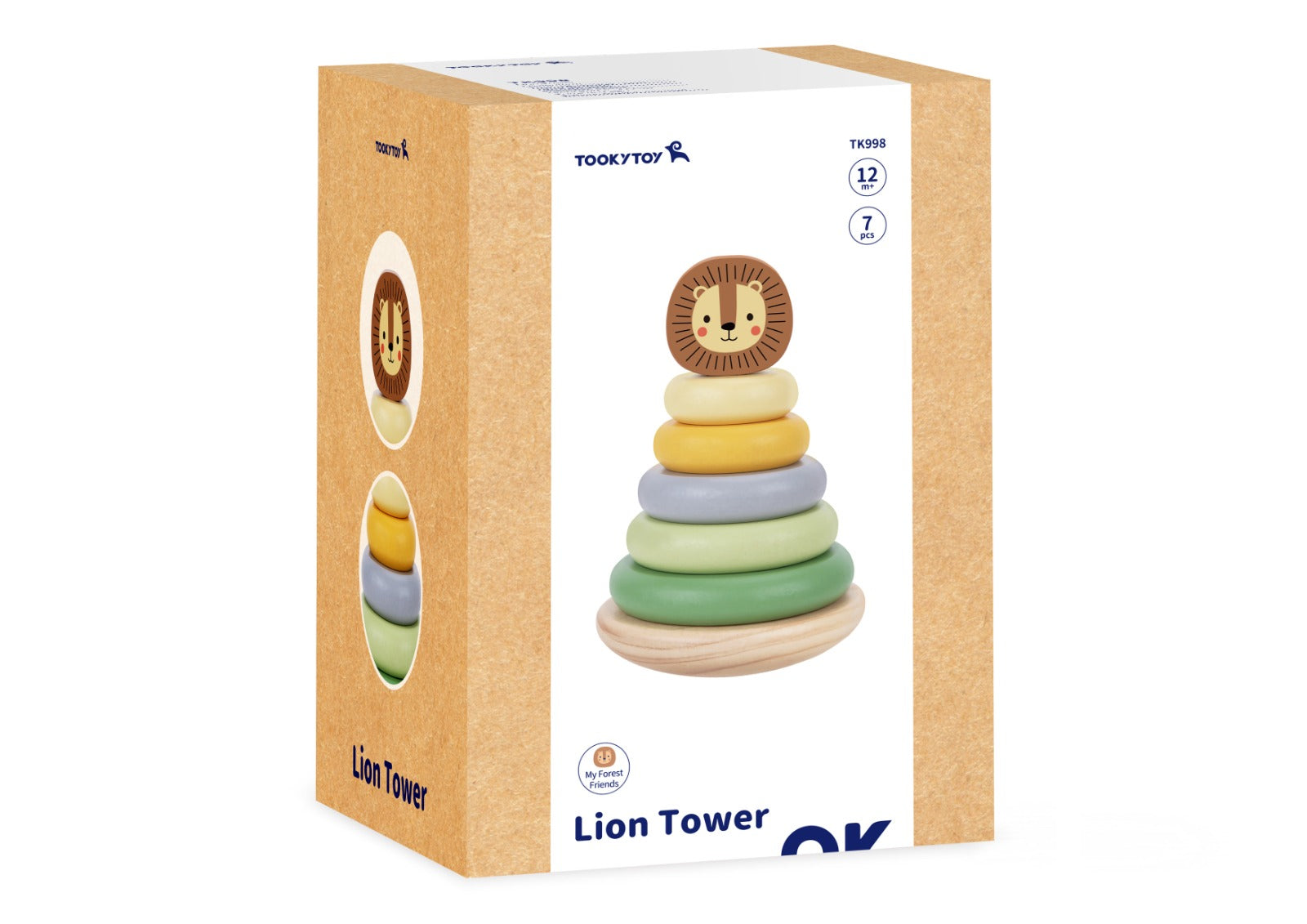 Turn de stivuire din lemn cu piesa de sus în formă de cap de leu. Ideal pentru copii 12+ luni