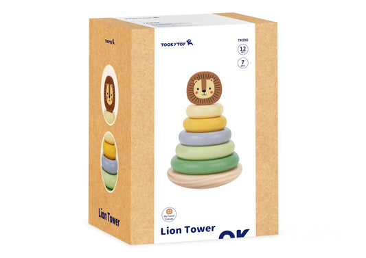 Turn de stivuire din lemn cu piesa de sus în formă de cap de leu. Ideal pentru copii 12+ luni