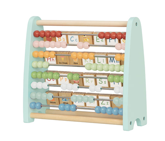 Abac educativ din lemn cu două fețe: bile colorate și plăcuțe cu litere și animale în engleză. 
