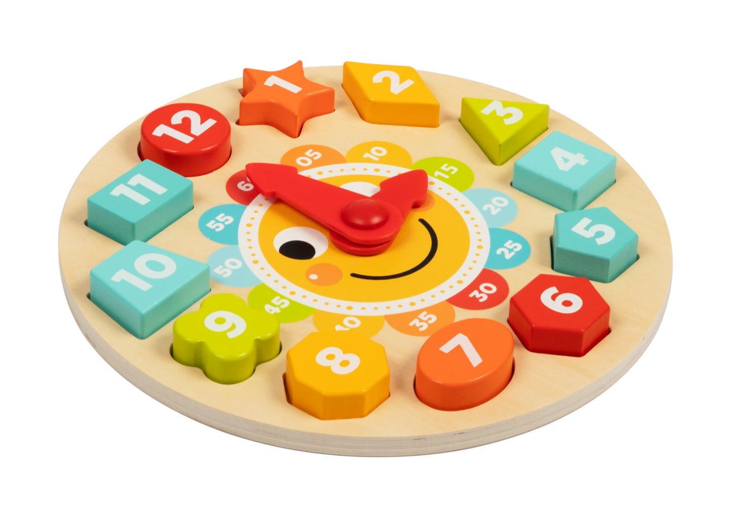 Ceas din lemn Montessori pentru învățarea orelor, culorilor și numerelor.