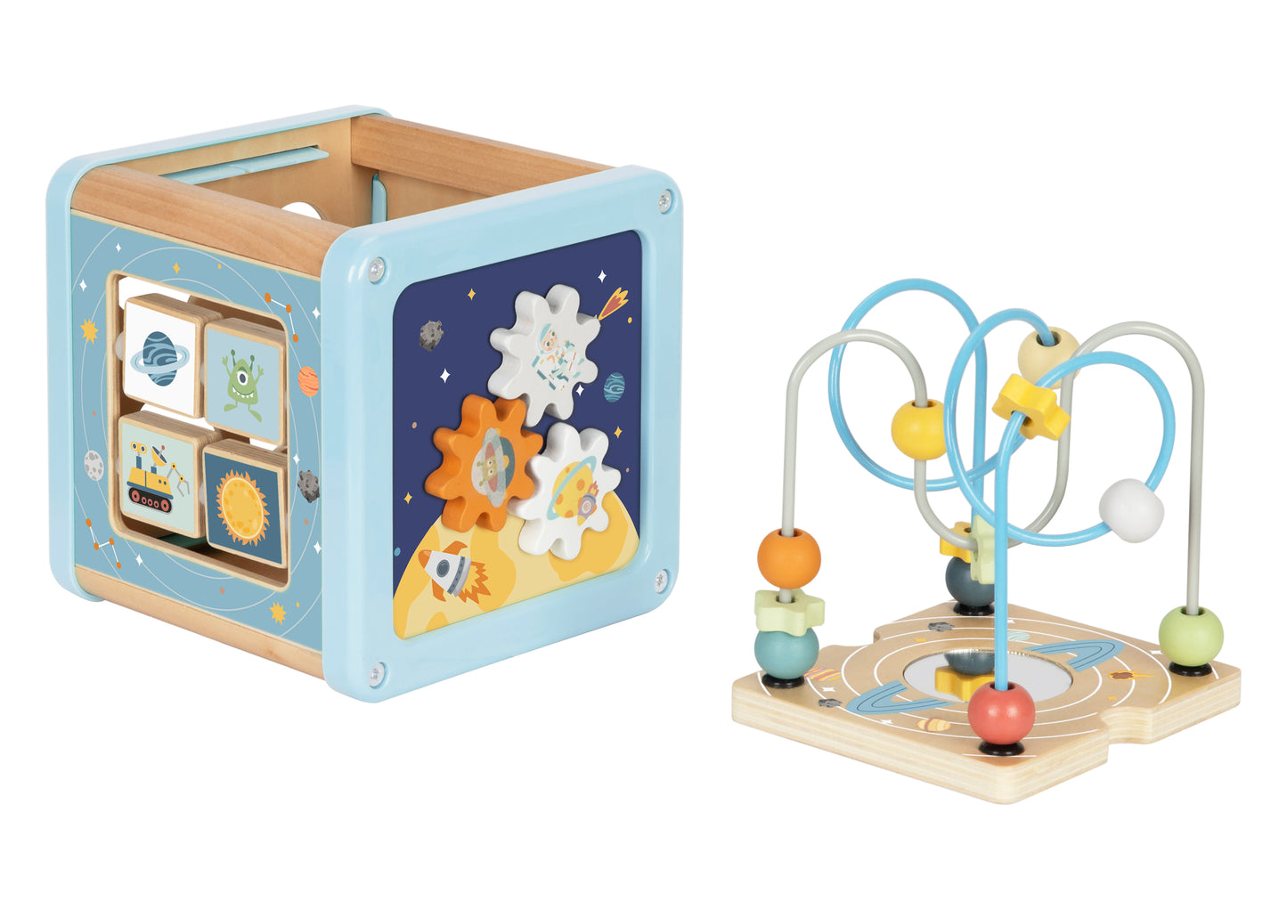 Cub de Activități din Lemn – Tema Spațială – Jucărie educativă Montessori 18+ luni