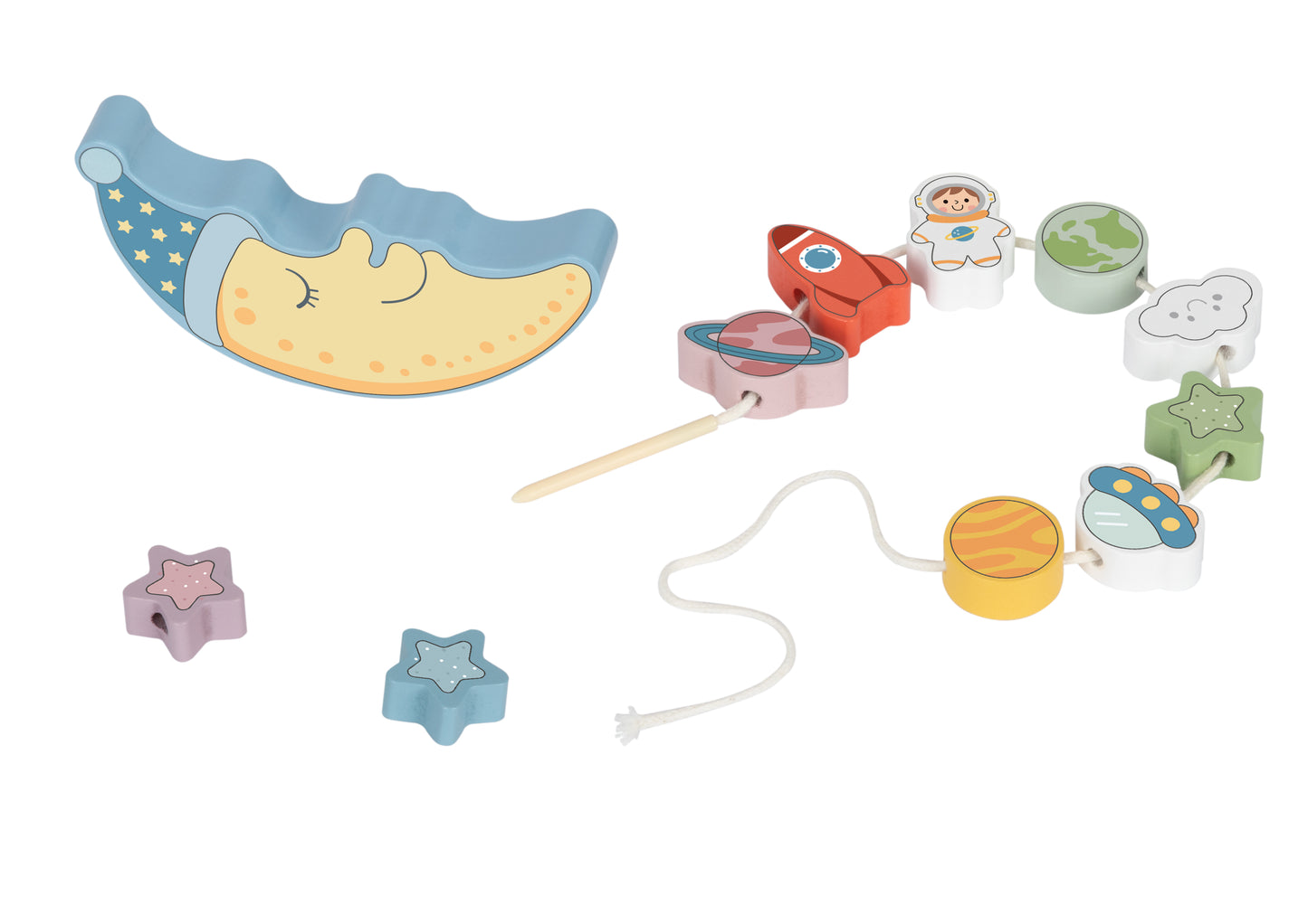 Joc educativ Montessori din lemn în formă de lună, cu stele, planete, rachetă și astronaut. 