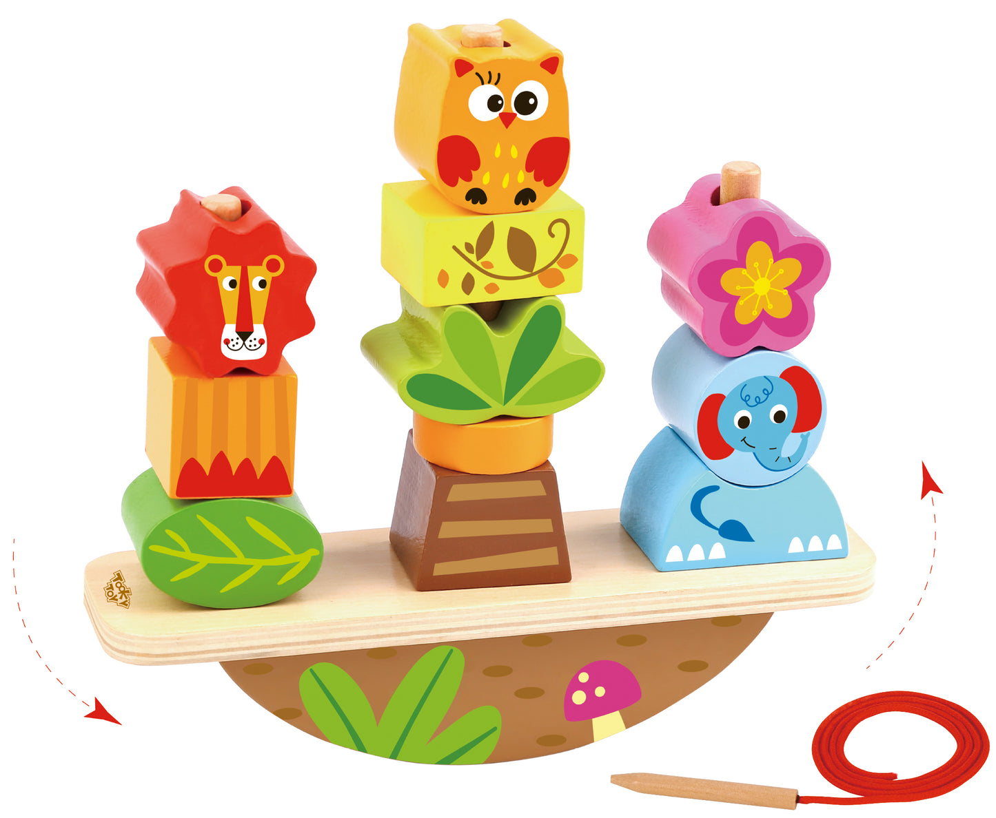 Joc educativ 2-în-1 din lemn: stivuire pe balansoar și șnuruire. Piese colorate cu găuri, sigure și durabile.