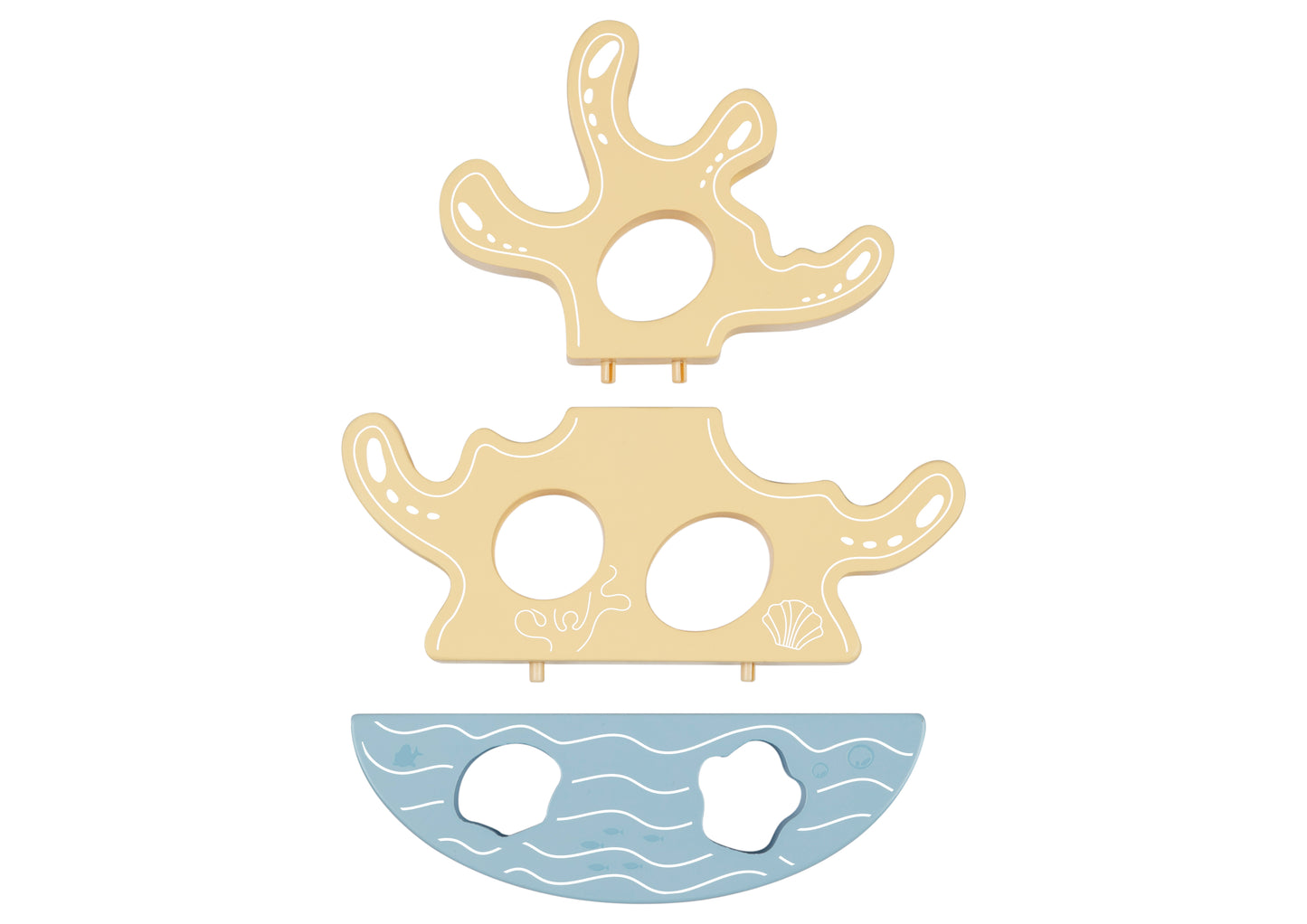 Joc din lemn 3 în 1: pescuit magnetic, șnuruire și echilibru. Include pești cu magneți, două undițe, piese perforate și bază din lemn.