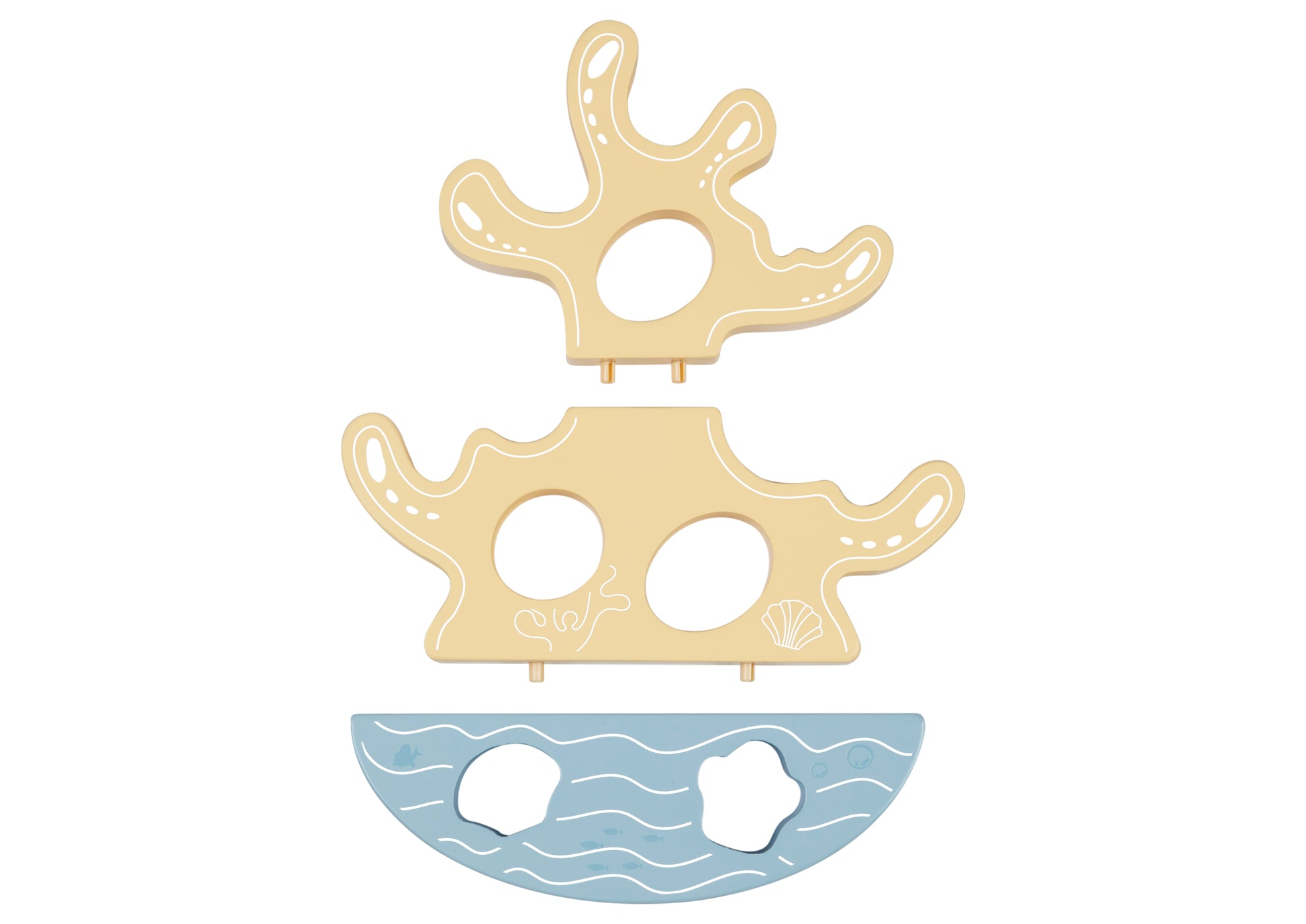 Joc din lemn 3 în 1: pescuit magnetic, șnuruire și echilibru. Include pești cu magneți, două undițe, piese perforate și bază din lemn.